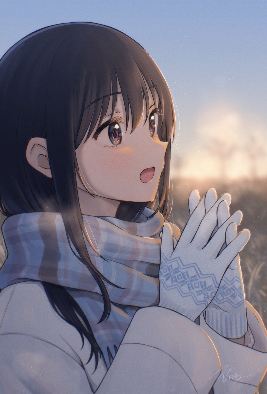 1girl absurdres aisaka_youko black_hair blue_scarf blue_sky blurry blurry_background brown_eyes commentary_request day depth_of_field from_side gloves hair_between_eyes hands_up highres interlocked_fingers isshokuitaru jacket kimoota_idol_yarutteyo long_hair long_sleeves open_mouth outdoors own_hands_together plaid_clothes plaid_scarf scarf signature sky solo tree upper_body white_gloves white_jacket