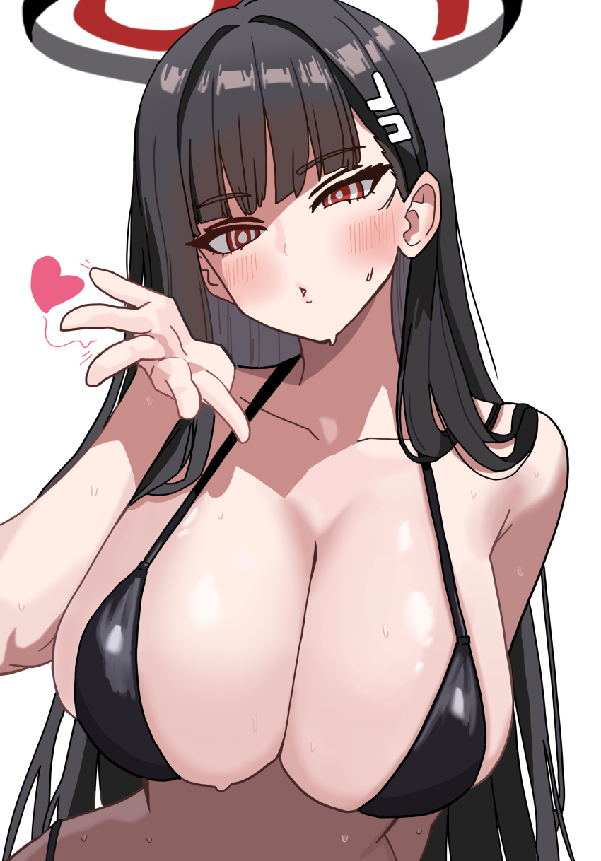absurdres bikini black_bikini black_hair black_halo blowing_kiss blue_archive breasts bright_pupils cleavage commentary english_commentary hair_behind_ear hair_ornament hairclip halo heart highres large_breasts long_hair multicolored_halo neugneugsusu open_hand red_eyes ringed_eyes rio_(blue_archive) solo string_bikini swimsuit two-tone_halo white_background