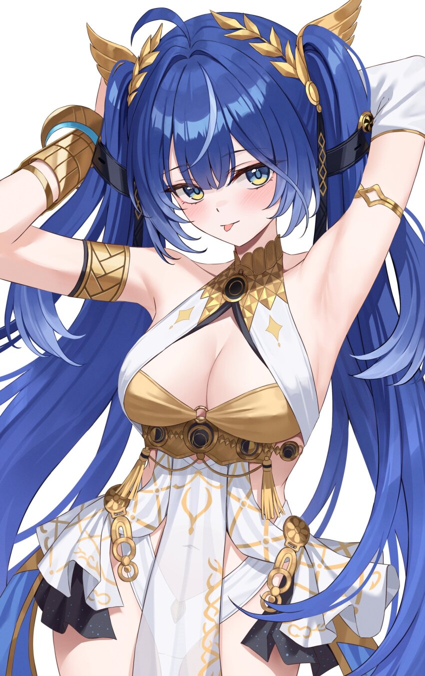 1girl :p ahoge ancient_greek_clothes armlet armpits arms_up bare_shoulders black_skirt blue_eyes blue_hair blush breasts cleavage cowboy_shot gold_bra greco-roman_clothes highres iuno_(wuthering_waves) jewelry kurone_(kurone_ryuo) laurel_crown long_hair looking_at_viewer medium_breasts miniskirt multicolored_hair navel presenting_armpit showgirl_skirt simple_background skirt solo streaked_hair thighs tongue tongue_out twintails vambraces very_long_hair white_background wuthering_waves
