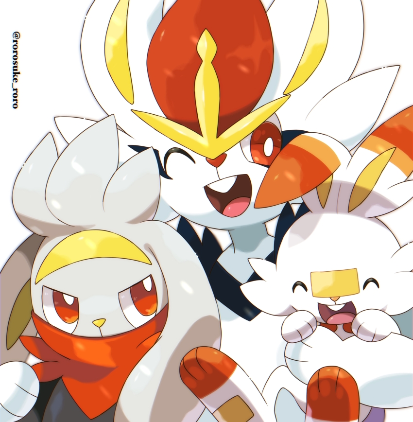 carrying cinderace evolutionary_line gen_8_pokemon highres nintendo no_humans one_eye_closed pokemon pokemon_(creature) raboot red_eyes rorosuke scorbunny signature simple_background smile twitter_username white_background