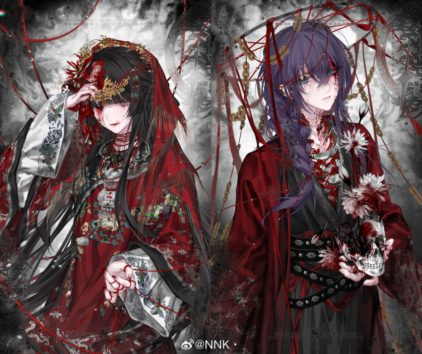 1boy 1girl above-cleavage_cutout absurdres aoqun architecture black_hair blood blood_on_clothes blood_on_face blood_on_hands blunt_bangs braid changmingsuo chinese_clothes chinese_wedding clothing_cutout coin coin_on_string cowboy_shot east_asian_architecture flower green_eyes hanfu headpiece highres holding holding_skull holed_coin honggaitou jade_(gemstone) long_hair long_sleeves looking_at_viewer lotus makeup nnk_(nongnong) original purple_hair red_hanfu see-through_clothes see-through_headwear single_braid skull skullcap string string_around_finger string_of_fate tassel tassel-trimmed_capelet wedding weimao white_flower white_lotus yaopei