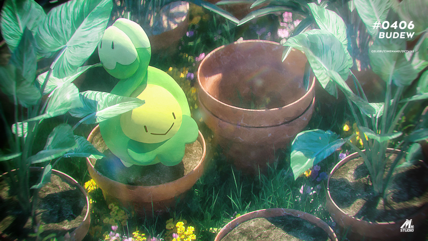 3d :> artist_name budew celebi350300687 character_name cinema_4d_(medium) closed_mouth commentary_request flower flower_pot full_body gen_4_pokemon grass highres nintendo no_humans outdoors plant pokedex_number pokemon pokemon_(creature) pokemon_focus smile soil solo