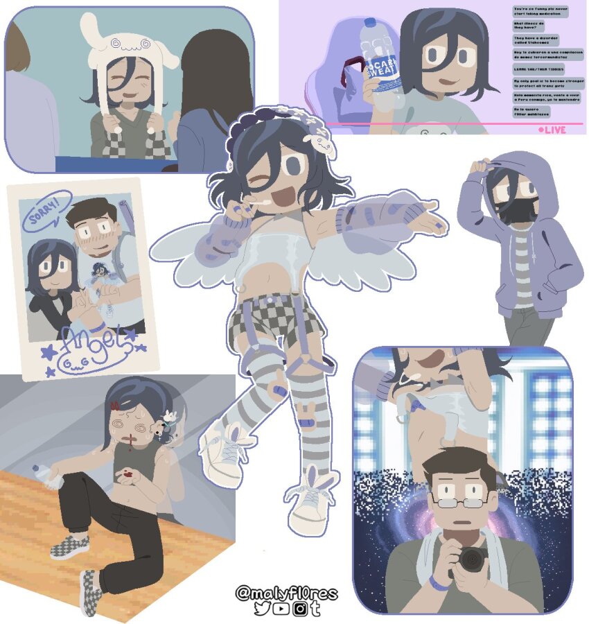 1boy 1girl @_@ angel_martinez angel_wings animal_hat armpits bandaid bandaid_on_arm bandaid_on_finger bandaid_on_hand bandaid_on_knee bandaid_on_leg bandaids_on_nipples blood bottle brown_hair camera chair chat_log checkered_clothes checkered_shirt checkered_shoes clinical_trial_(game) concert crop_top detached_sleeves ear_piercing earrings fan_meeting galaxy gaming_chair hair_ornament hairclip hat headband hiding_face highres hood idol idol_clothes jacket jewelry lee_smith livestream looking_at_another malyfl0res mask microphone mirror navel nosebleed on_floor one_eye_closed otaku pasties photo_(object) piercing pocari_sweat poloroid purple_hair purple_jacket rabbit_ears rabbit_hat see-through_clothes shirt signature signed space stage_lights striped_clothes striped_thighhighs suspenders sweat swivel_chair taking_picture thighhighs towel towel_around_neck translucent v-neck wardrobe_malfunction water_bottle wings wink wristband