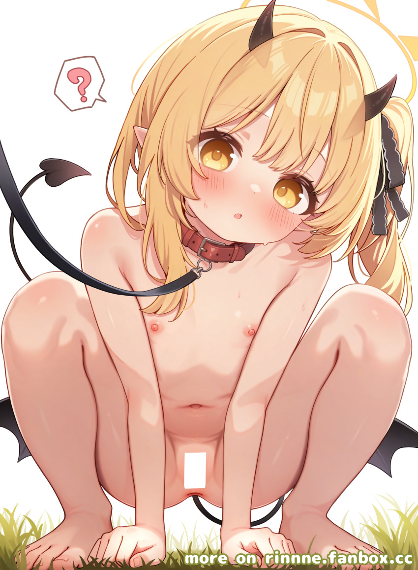 1girl ? all_fours animal_collar anus bar_censor barefoot black_horns black_tail black_wings blonde_hair blue_archive blush breasts censored collar commentary_request completely_nude demon_girl demon_horns demon_tail demon_wings flat_chest halo highres horns ibuki_(blue_archive) kohaku_rinne leash loli long_hair looking_at_viewer low_wings navel nipples nude open_mouth pet_play pointy_ears pussy red_collar ribbon side_ponytail small_breasts solo spoken_question_mark spread_legs squatting sweat tail toes variant_set wings yellow_eyes yellow_halo