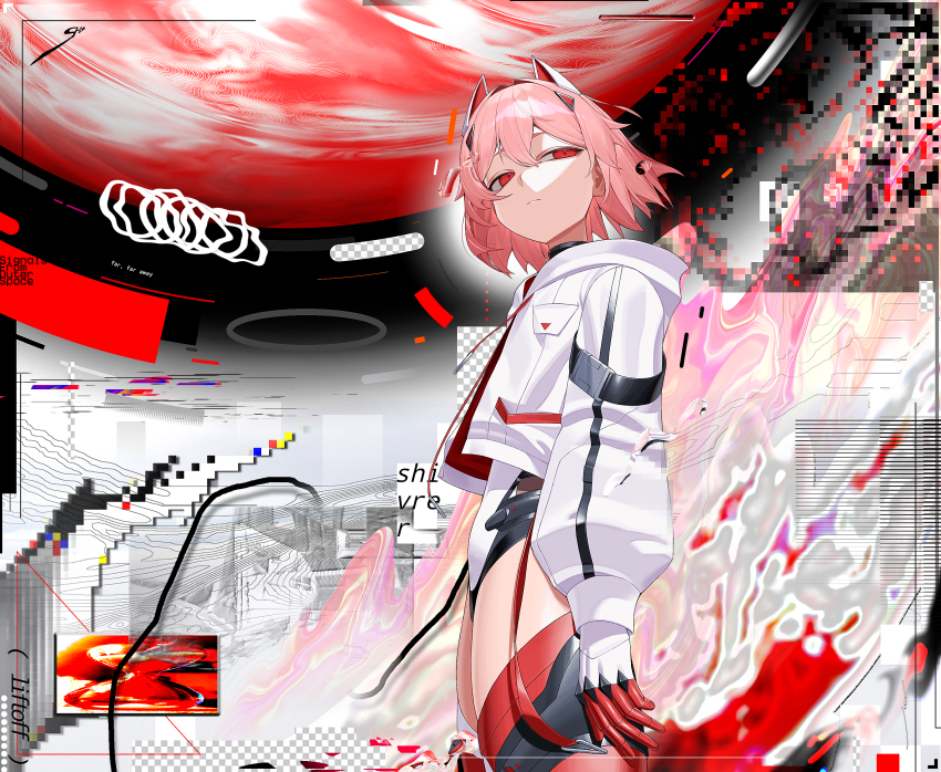 1girl animal_ears commentary commission english_commentary english_text fake_animal_ears hair_intakes highres original pink_hair red_eyes short_hair signal_1120 skeb_commission solo