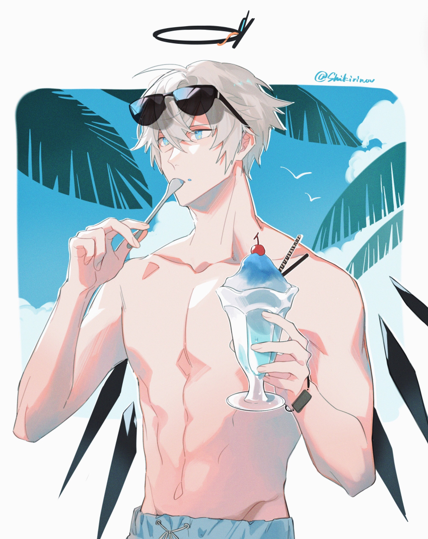 1boy abs absurdres arknights bird bishounen blue_eyes blue_sky cherry cloud commentary_request cup detached_wings eating executor_(arknights) eyewear_on_head food fruit grey_hair hair_between_eyes halo highres holding holding_cup holding_food holding_spoon ice_cream male_focus male_swimwear navel outdoors palm_leaf palm_tree shaved_ice shikiri short_hair sky solo spoon sunglasses swim_trunks toned toned_male topless_male tree twitter_username upper_body utensil_in_mouth watch white_hair wings wristwatch