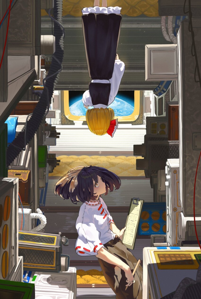 2girls black_skirt black_vest blonde_hair brown_hair cable clipboard commentary_request cover cover_page earth_(planet) feet_out_of_frame hair_ribbon highres holding holding_clipboard holding_pen industrial_pipe kajatony light_particles long_sleeves looking_up machinery multiple_girls pen petticoat planet pointing profile red_ribbon ribbon rumia shirt short_hair short_sleeves skirt space space_station touhou upside-down usami_renko vest white_shirt