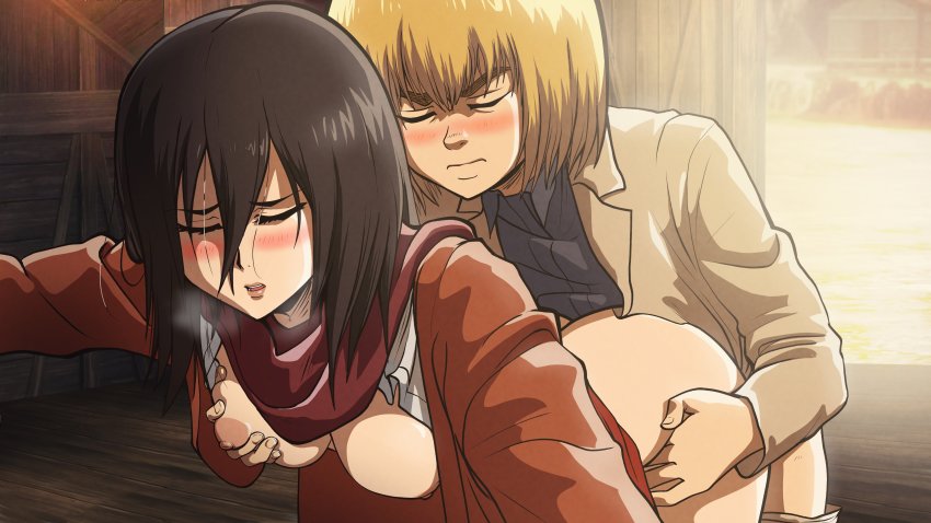 1boy 1girl absurdres affair armin_arlert ass bad_tag betrayal black_hair blonde_hair blush breasts cheating_(relationship) closed_eyes disgrace disgust doggystyle drpizzaboi1 hanging_breasts highres incest infidelity large_breasts lipstick makeup mikasa_ackerman netorare netorase nipples open_mouth out_of_character penis pussy sex sex_from_behind shingeki_no_kyojin thighhighs thighs trash unfaithful
