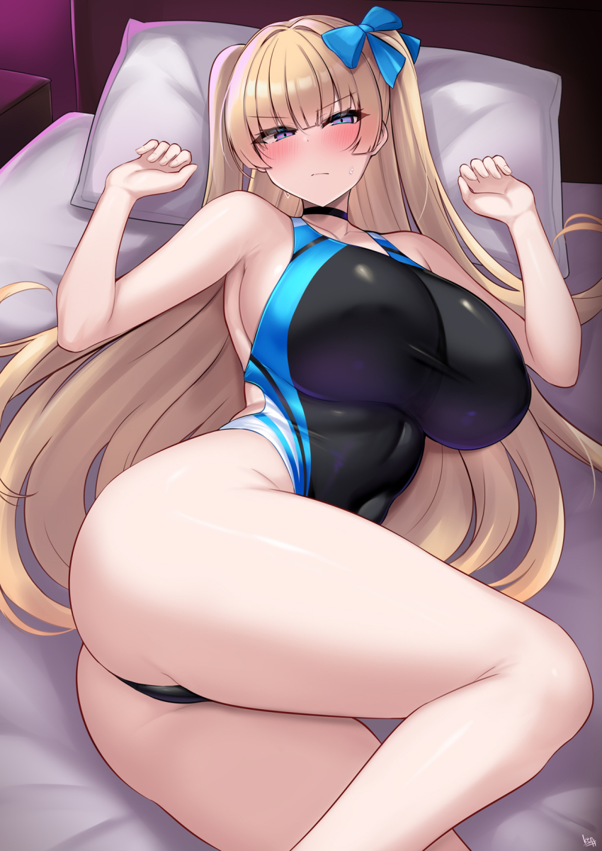 1girl ass bare_arms bare_legs bed bed_sheet black_one-piece_swimsuit blonde_hair blue_bow blue_eyes blue_nails blunt_bangs blush borrowed_character bow breasts closed_mouth commentary_request competition_swimsuit covered_navel hair_bow highres indoors kutan large_breasts lina_(michihasu) long_hair looking_at_viewer nail_polish on_bed one-piece_swimsuit original scowl sidelocks solo swimsuit thick_thighs thighs v-shaped_eyebrows variant_set very_long_hair