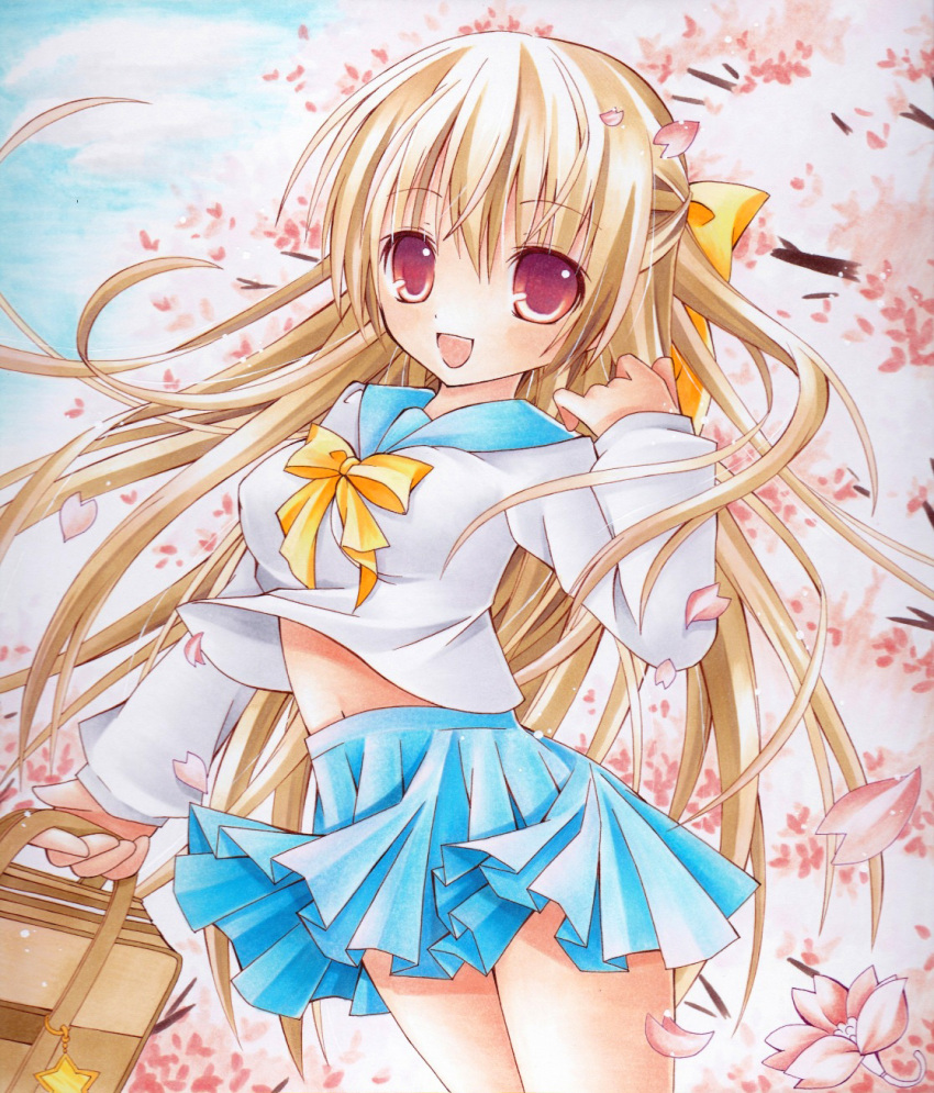 1girl :d bag blonde_hair blue_sailor_collar blue_skirt bow bowtie breasts cherry_blossoms cloud commentary_request covered_erect_nipples cowboy_shot day falling_petals fuuki_oto_(suzu_no_ne_monogatari) highres holding holding_bag large_breasts long_hair long_sleeves marker_(medium) midriff_peek miniskirt navel open_mouth original outdoors petals pink_petals pleated_skirt red_eyes sailor_collar school_uniform serafuku shirt skirt sky smile solo standing traditional_media very_long_hair white_shirt yellow_bow yellow_bowtie
