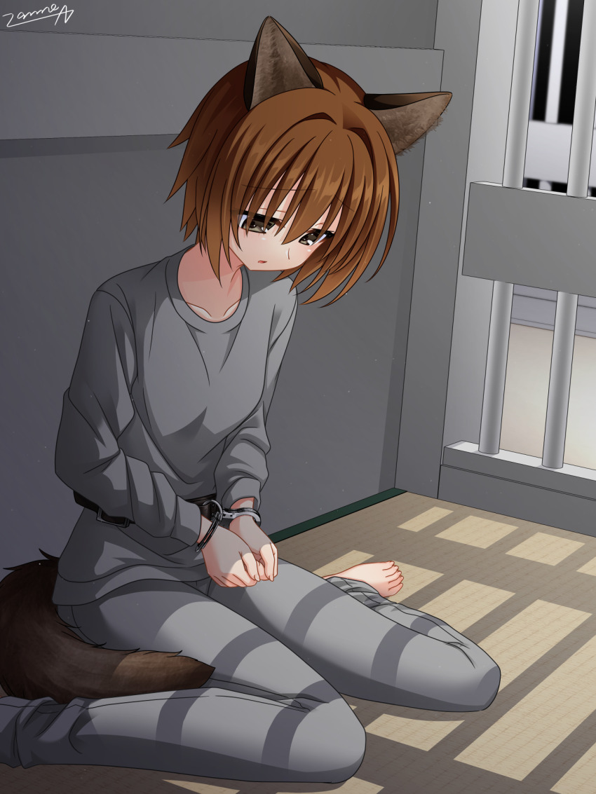1girl animal_ears barefoot bound bound_wrists brown_eyes brown_hair commentary_request commission cuffs grey_pants grey_shirt handcuffs highres in_cell iron_bars looking_down original pants pixiv_commission prison prison_cell prison_clothes shirt short_hair signature sitting solo tail variant_set wariza wolf_ears wolf_girl wolf_tail zanne_nakami