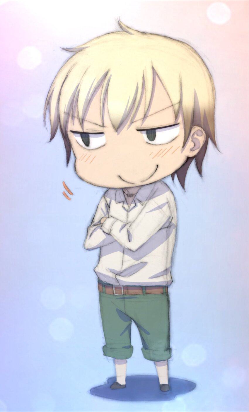 1boy black_eyes black_hair blank_eyes blonde_hair blush boku_wa_tomodachi_ga_sukunai chibi chibi_only closed_mouth collared_shirt commentary_request crossed_arms full_body gradient_hair green_pants hasegawa_kodaka highres jewelry long_sleeves male_focus multicolored_hair necklace official_artist_extra pants pants_rolled_up school_uniform shirt short_hair smile solo st._chronica_academy_school_uniform standing summer_uniform two-tone_hair v-shaped_eyebrows watanabe_yoshihiro white_shirt