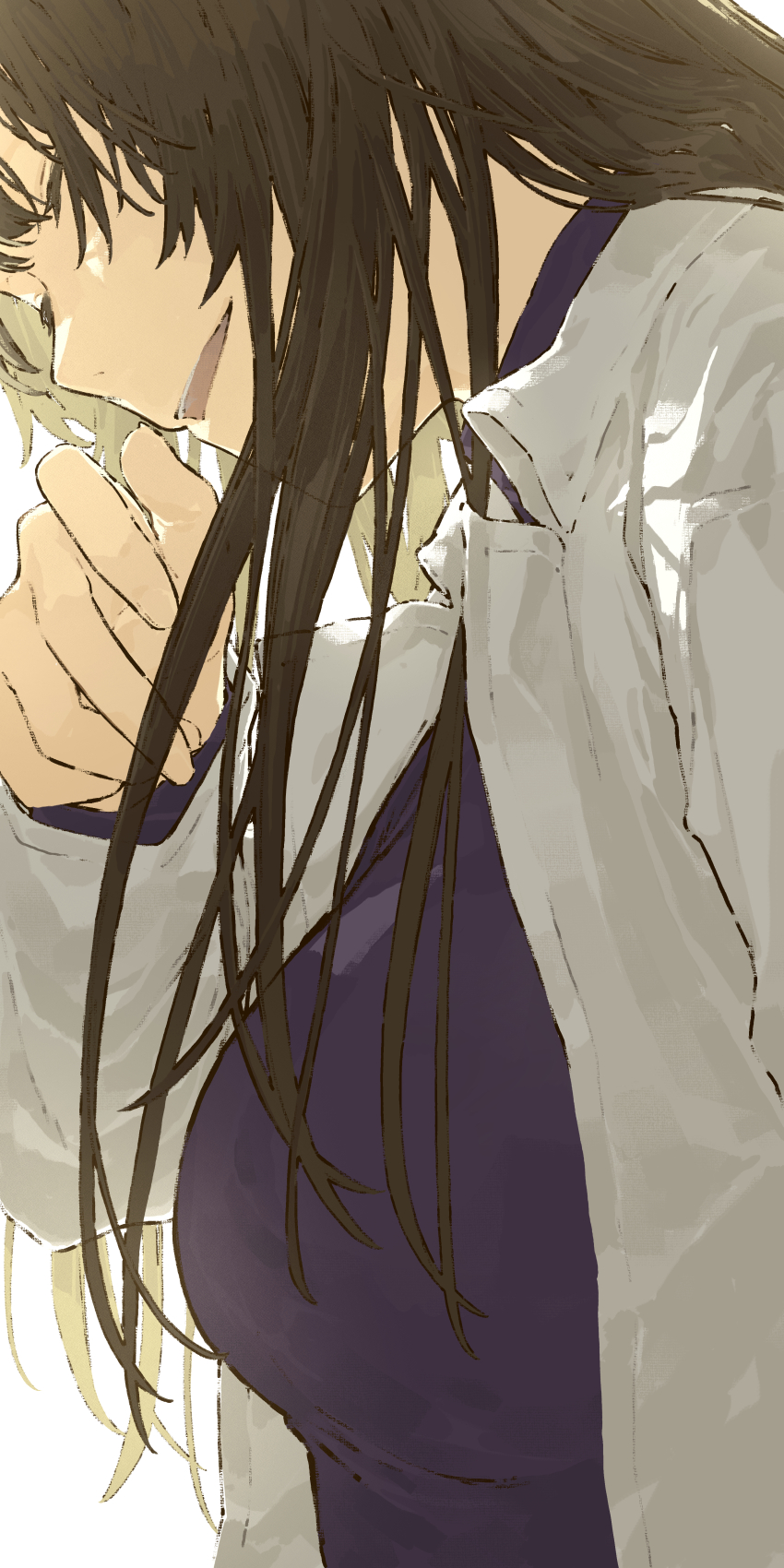 1girl absurdres black_hair breasts collar commentary highres large_breasts long_hair open_mouth original shiloroshi simple_background smile solo