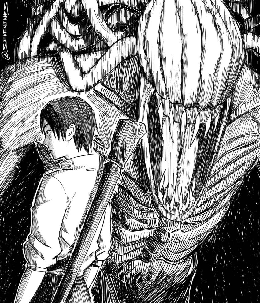 1boy commentary expressionless hatching_(texture) highres instagram_username jujutsu_kaisen monochrome monster okkotsu_yuuta orimoto_rika seveninks sharp_teeth sleeves_pushed_up teeth weapon weapon_on_back