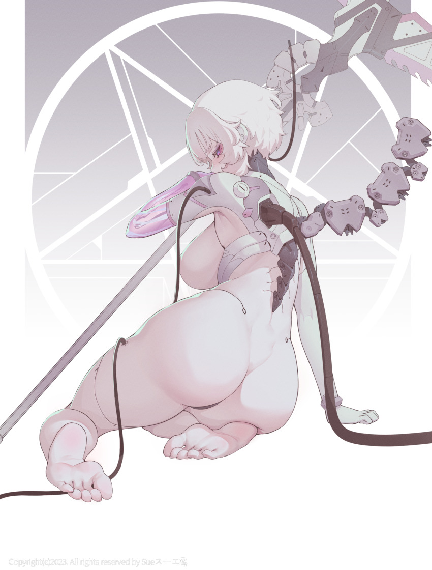 1girl ass back barefoot breasts eyeliner highres holding holding_scythe holding_weapon large_breasts looking_at_viewer makeup mecha_musume mechanical_spine original plug purple_eyes scythe short_hair sitting solo suerte weapon white_hair yokozuwari