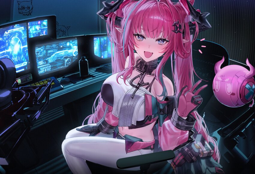 1girl absurdres aqua_hair arknights arknights:_endfield bare_shoulders commentary crop_top duplicate english_commentary fang gloves grey_eyes hair_intakes hair_on_horn hand_on_own_thigh highres horns indoors long_hair long_sleeves looking_at_viewer midriff molyb monitor multicolored_gloves multicolored_hair navel notice_lines open_mouth pants pink_hair pink_sleeves pointy_ears puffy_long_sleeves puffy_sleeves sitting skin_fang solo streaked_hair twintails two-tone_gloves two-tone_hair very_long_hair w white_pants yvonne_(arknights)