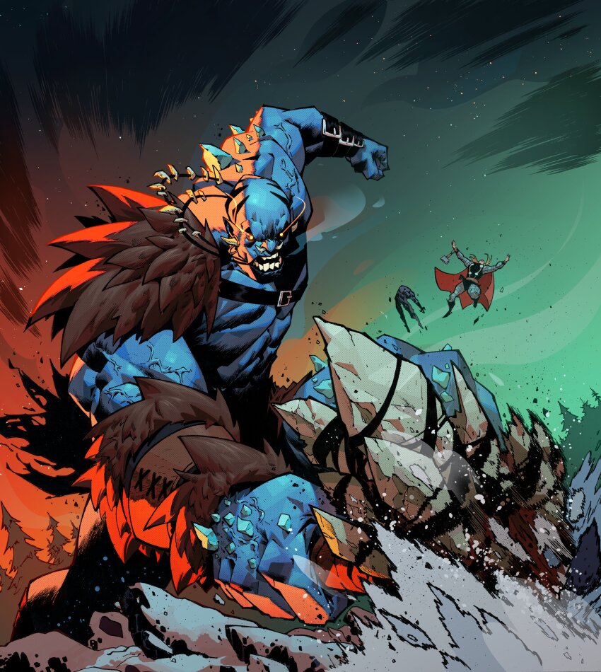 1other 2boys absurdres armor bald blue_skin cape colored_skin commentary earrings english_commentary eye_trail face_piercing giant glowing glowing_eyes green_sky height_difference highres holding holding_weapon ice jewelry laufey_(marvel) leo_chiola light_trail looking_down male_focus marvel marvel_snap mjolnir_(marvel) motion_lines multiple_boys muscular muscular_male necklace nose_piercing official_art open_mouth orange_eyes pauldrons pelt piercing pine_tree red_cape shoulder_armor single_pauldron size_difference sky thor_(marvel) thor_(marvel)_(series) tree veins veiny_arms weapon