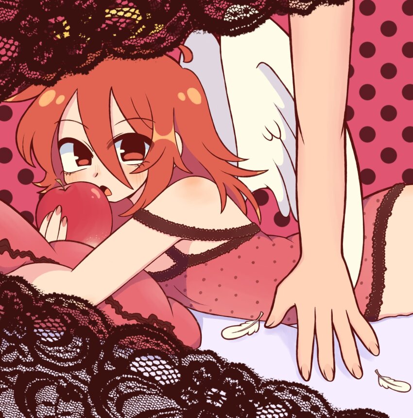 1boy 1other angel_devil_(chainsaw_man) angel_wings apple chainsaw_man double-parted_bangs food fruit hair_between_eyes highres holding holding_food holding_fruit long_hair looking_at_viewer lying male_focus on_stomach open_mouth red_eyes red_hair sofo_soup wings