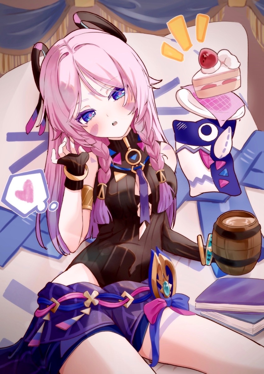 1girl armlet asymmetrical_gloves black_leotard blue_eyes book bracelet braid braided_sidelocks breasts cake cake_slice citlali_(genshin_impact) citlalin_(genshin_impact) clothing_cutout commentary_request cup elbow_gloves facial_mark fingerless_gloves floating_headgear food forehead_mark genshin_impact gloves gradient_hair hand_in_own_hair head_tilt headgear heart highleg highleg_leotard highres holding holding_cup itzpapa_(genshin_impact) jewelry leotard looking_at_viewer medium_breasts mug multicolored_hair notice_lines open_mouth pink_hair pink_pupils plate purple_sarong saeki_pisuko sarong single_elbow_glove single_glove solo speech_bubble stuffed_toy thought_bubble triangle triangle_facial_mark upper_body