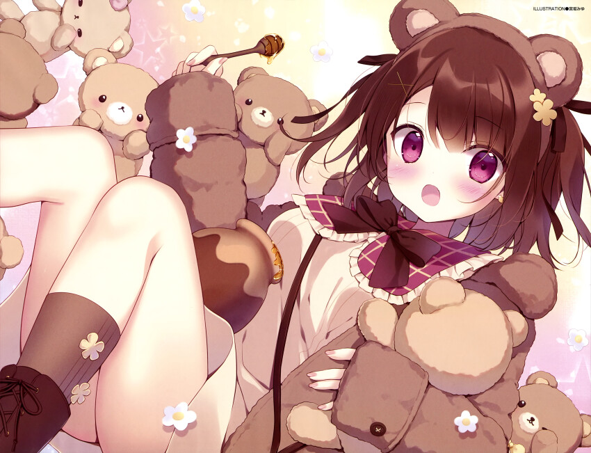 1girl :o absurdres animal_ear_hairband animal_ears artist_name bear_ear_hairband bear_ears blush bow bowtie brown_bow brown_bowtie brown_hair brown_socks dengeki_moeoh fake_animal_ears flower hair_ornament hairband highres holding holding_stuffed_toy honey honey_dipper knees_up long_sleeves looking_at_viewer magazine_scan miyasaka_miyu open_mouth original peter_pan_collar purple_eyes scan shiny_skin short_hair socks solo stuffed_animal stuffed_toy teddy_bear thighs x_hair_ornament