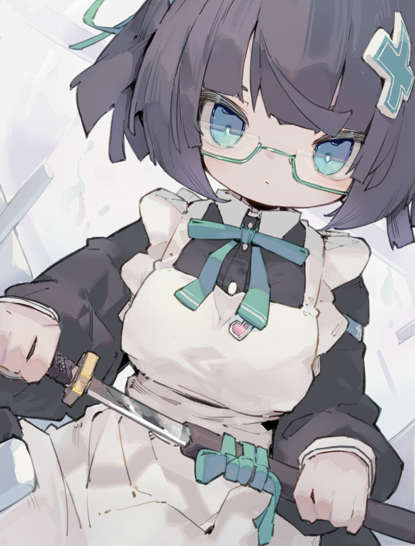 1girl absurdres apron black_dress black_hair blue_eyes blunt_bangs bow bowtie closed_mouth commentary dated_commentary dress glasses green-framed_eyewear green_bow green_bowtie green_ribbon grey_background hair_ribbon highres holding holding_sword holding_weapon maid nep_(nep_76) original ribbon semi-rimless_eyewear short_hair solo sword under-rim_eyewear upper_body weapon white_apron