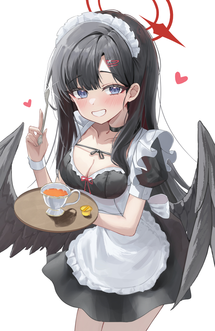 1girl absurdres apron black_choker black_dress black_hair black_wings blue_archive blue_eyes blush breasts choker cleavage commentary_request dress feathered_wings grin hair_behind_ear hair_ornament hairclip halo highres holding holding_spoon ichika_(blue_archive) large_breasts long_hair looking_at_viewer low_wings maid maid_apron maid_headdress puffy_short_sleeves puffy_sleeves red_halo shj1998z short_sleeves smile solo spoon wings