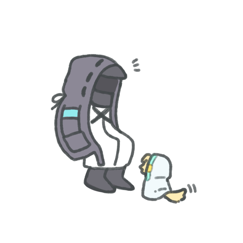 1boy 1other ambiguous_gender animal_ears animalization arknights black_jacket black_shoes chibi chickenuma_0 coat commentary_request doctor_(arknights) dog dog_boy dog_ears dog_tail hands_in_pockets highres hood hood_up hooded_coat hooded_jacket jacket notice_lines shoes simple_background standing tail tail_wagging tequila_(arknights) white_background