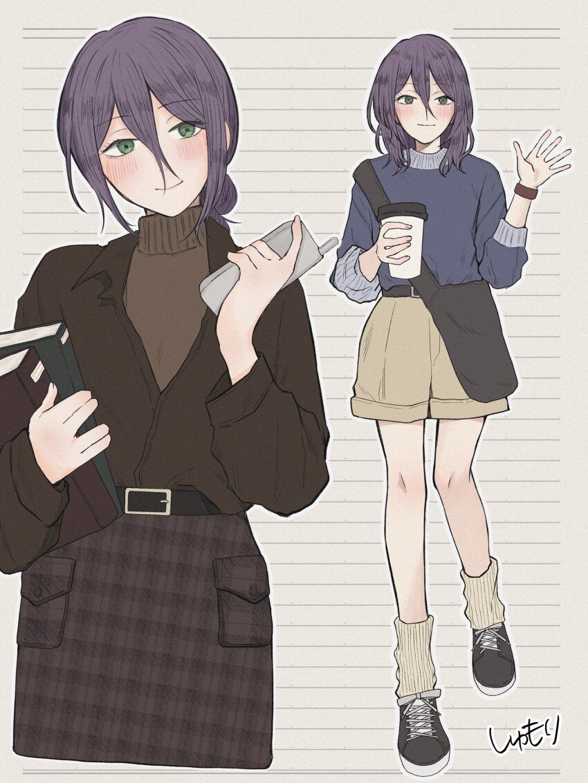 1girl black_shirt book chainsaw_man green_eyes hair_between_eyes hair_bun highres holding holding_book long_hair long_hair_between_eyes long_sleeves reze_(chainsaw_man) shirt shoes shorts shumori single_hair_bun skirt smile sweater