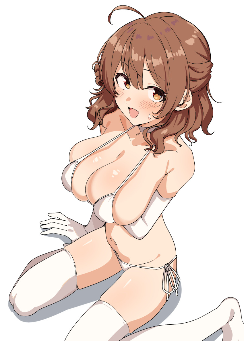 1girl absurdres ahoge bikini breasts brown_eyes brown_hair choker cleavage collarbone commentary_request elbow_gloves gakuen_idolmaster gloves hanami_ume highres idolmaster large_breasts looking_at_viewer medium_hair open_mouth paid_reward_available seihekiog side-tie_bikini_bottom simple_background sitting smile solo swimsuit thighhighs thighs wariza white_background white_bikini white_choker white_gloves white_thighhighs