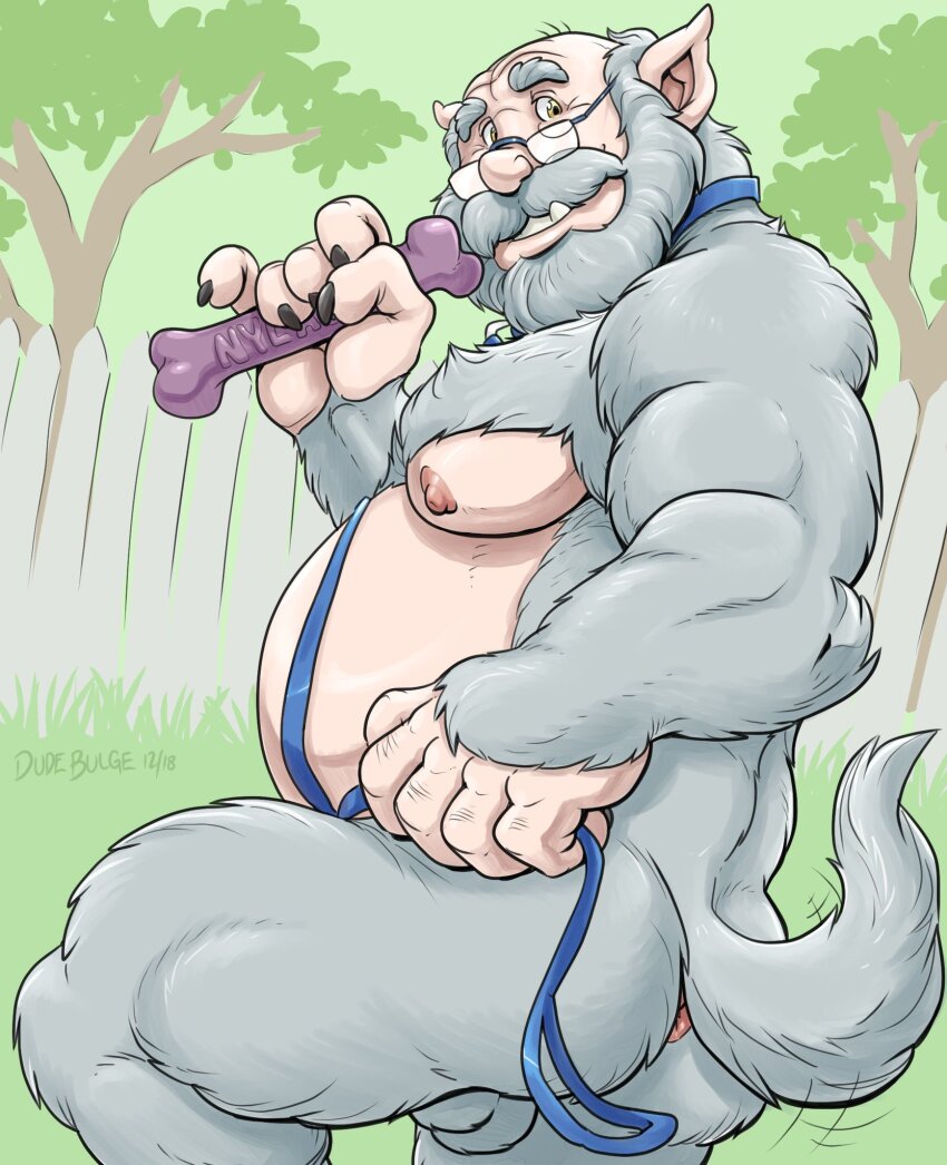 1boy bald beard big_belly big_nose black_nails bone completely_nude cowboy_shot dudebulge facial_hair fang fang_out fence furry furry_male glasses grass highres holding holding_bone holding_leash leash looking_back male_focus mustache nipples nude old old_man original pointy_ears signature smile testicles thick_beard thick_eyebrows thick_mustache tree werewolf yellow_eyes