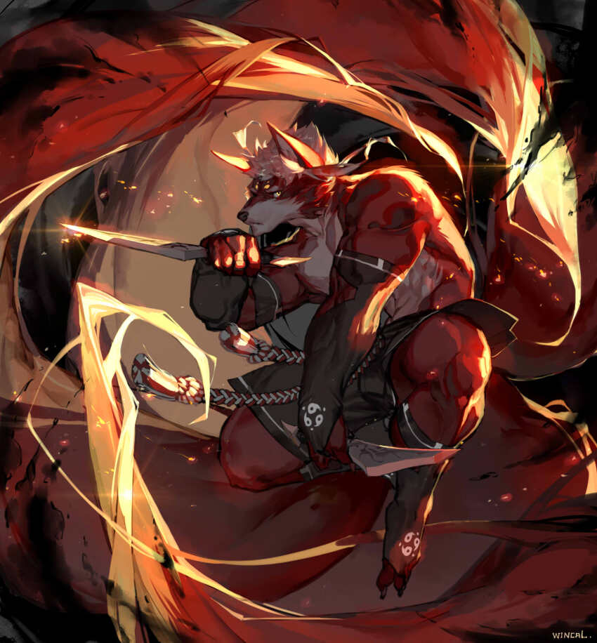 1boy abs animal_ears bara colored_sclera commentary dagger dog_boy dual_wielding fighting_stance fox_boy fox_ears fox_tail full_body furry furry_male highres holding holding_dagger holding_knife holding_weapon knife kunai large_pectorals male_focus mature_male muscular muscular_male ninja orange_fur original pectorals red_fur short_hair solo tail thick_eyebrows thick_thighs thighs topless_male weapon wincalblanke yellow_sclera