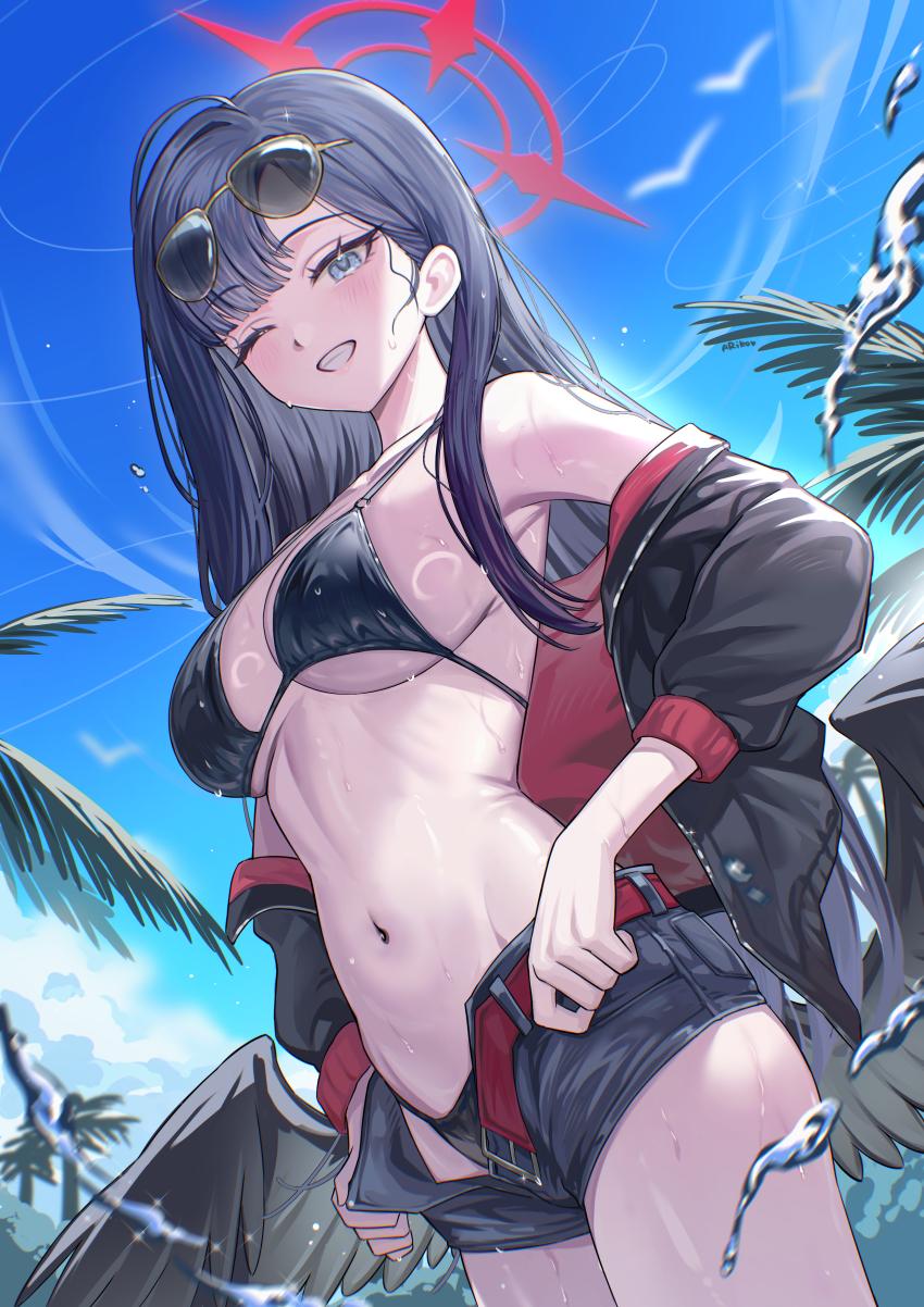 1girl absurdres ariko_(aaaaarik) belt bikini bikini_under_clothes black_bikini black_hair black_jacket black_shorts black_wings blue_archive blue_eyes commentary eyewear_on_head feathered_wings grin halo highres ichika_(blue_archive) ichika_(swimsuit)_(blue_archive) jacket long_hair looking_at_viewer low_wings navel one_eye_closed open_clothes open_shorts palm_tree red_belt red_halo short_shorts shorts smile solo stomach swimsuit tree unzipped wings