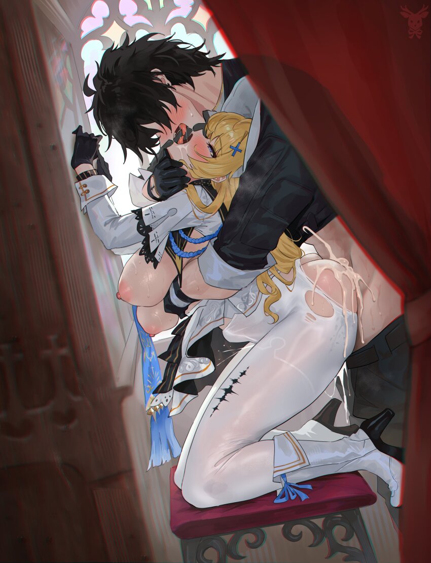 1boy 1girl absurdres against_wall alternate_breast_size_(larger) black_gloves black_hair black_jacket blonde_hair blue_eyes blue_sash blush boots breasts chromatic_aberration clothes_lift commentary confessional cum cumdrip elocca french_kiss from_side gloves hair_ornament half-closed_eyes hashtag-only_commentary head_back hetero high_heel_boots high_heels highres hug hug_from_behind jacket kiss kneeling large_breasts long_hair long_sleeves looking_at_another looking_up male_rover_(wuthering_waves) nipples open_mouth paid_reward_available pantyhose phoebe_(wuthering_waves) rover_(wuthering_waves) saliva sash sex sex_from_behind shirt shirt_lift skirt stomach_bulge sweat tacet_mark_(wuthering_waves) tongue tongue_out torn_clothes torn_pantyhose white_boots white_pantyhose white_shirt white_skirt wuthering_waves x_hair_ornament