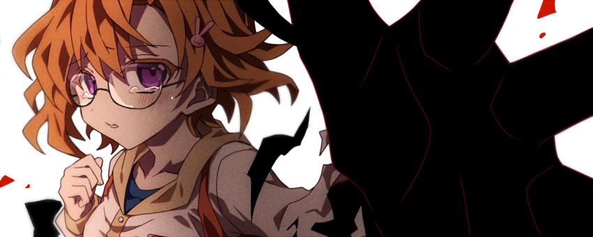 1girl blush commentary crying glasses hair_ornament higanbana_no_saku_yoru_ni long_sleeves magic moriya_marie name_tag open_mouth orange_hair purple_eyes rabbit_hair_ornament shirt short_hair solo symbol-only_commentary tears umibenokurage white_shirt