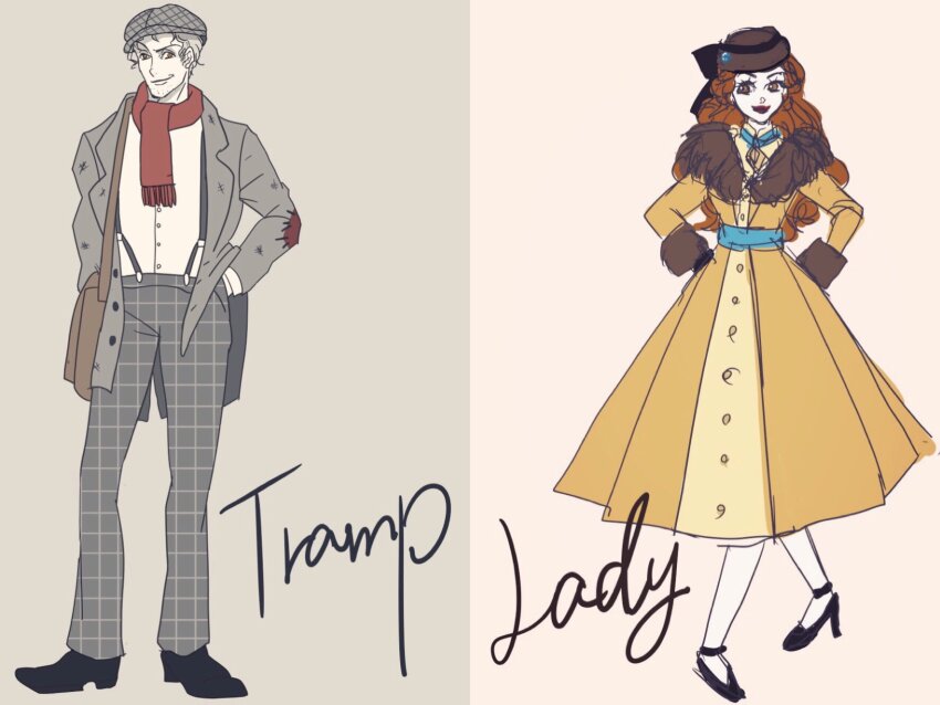 1boy 1girl blue_eyes brown_eyes brown_hair coat commentary_request disney dress grey_hair highres humanization lady_(disney) lady_and_the_tramp long_hair moko_eaka personification short_hair simple_background smile tramp_(disney) wavy_hair