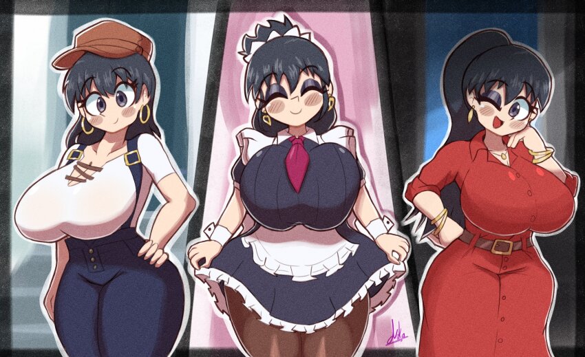 1girl alternate_costume alternate_hairstyle apron arato_nagi bad_tag belt black_dress black_eyes black_hair blue_overalls border bracelet breasts brown_belt brown_hat buttons cleavage closed_eyes closed_mouth clothes_lift collarbone collared_dress dress dress_lift earrings frilled_apron frills hand_on_own_cheek hand_on_own_face hand_on_own_hip hat hoop_earrings huge_breasts jewelry long_hair maid maid_apron maid_headdress miks381 necklace necktie official_alternate_costume one_eye_closed open_mouth outline overalls pantyhose ponytail puffy_sleeves red_dress red_necktie ruri_no_houseki shirt short_sleeves signature smile variations white_apron white_outline white_shirt