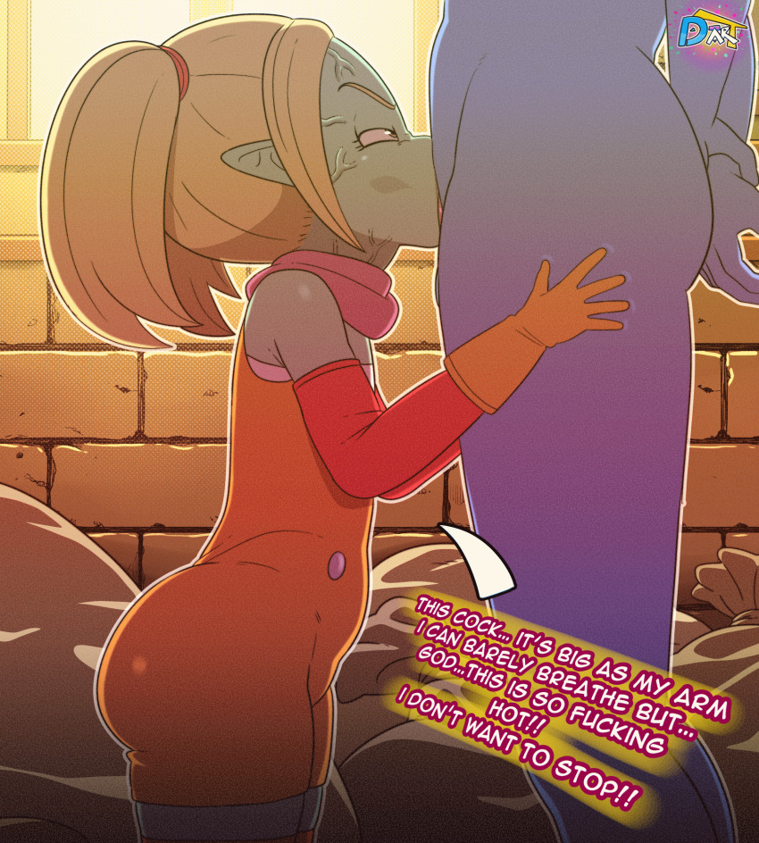 1boy 1girl age_difference animated animated_gif aqua_skin blonde_hair blue_skin bra clothed_female_nude_male colored_skin completely_nude d-art dragon_ball dragon_ball_daima english_text erection fellatio flat_chest highres kyojiri_loli legs leotard loli nude oral pansy_(dragon_ball_daima) penis pointy_ears scarf tagme testicles thighhighs thighs throat_bulge twintails underwear veins veiny_penis