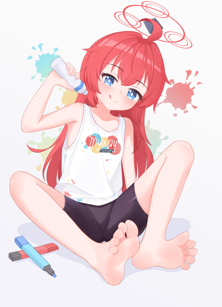 1girl :q ahoge arm_support arm_up bare_arms bare_legs bare_shoulders barefoot bike_shorts black_shorts blue_archive blue_eyes blush bright_pupils chinese_commentary closed_mouth clothes_writing collarbone commentary_request double-parted_bangs eugenecolin feet foot_focus full_body hair_between_eyes halo highres holding holding_paint_tube knees_up long_hair looking_at_viewer maki_(blue_archive) maki_(pajamas)_(blue_archive) marker official_alternate_costume on_floor paint_tube partial_commentary red_hair red_halo shadow shorts sitting smile soles solo splatter_background tank_top toes tongue tongue_out white_background white_pupils white_tank_top