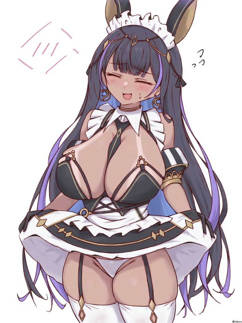 1006kbps 1girl absurdres animal_ears azur_lane black_garter_straps black_gloves black_hair breasts cleavage cleopatra_(azur_lane) clothes_lift commentary_request cowboy_shot dark-skinned_female dark_skin dress dress_lift earrings flying_sweatdrops garter_straps gloves highres huge_breasts jackal_ears jackal_girl jewelry lifting_own_clothes looking_at_viewer maid maid_headdress open_mouth panties purple_hair simple_background smile spoken_blush sweatdrop tan tanline thighhighs underwear white_background white_panties white_thighhighs