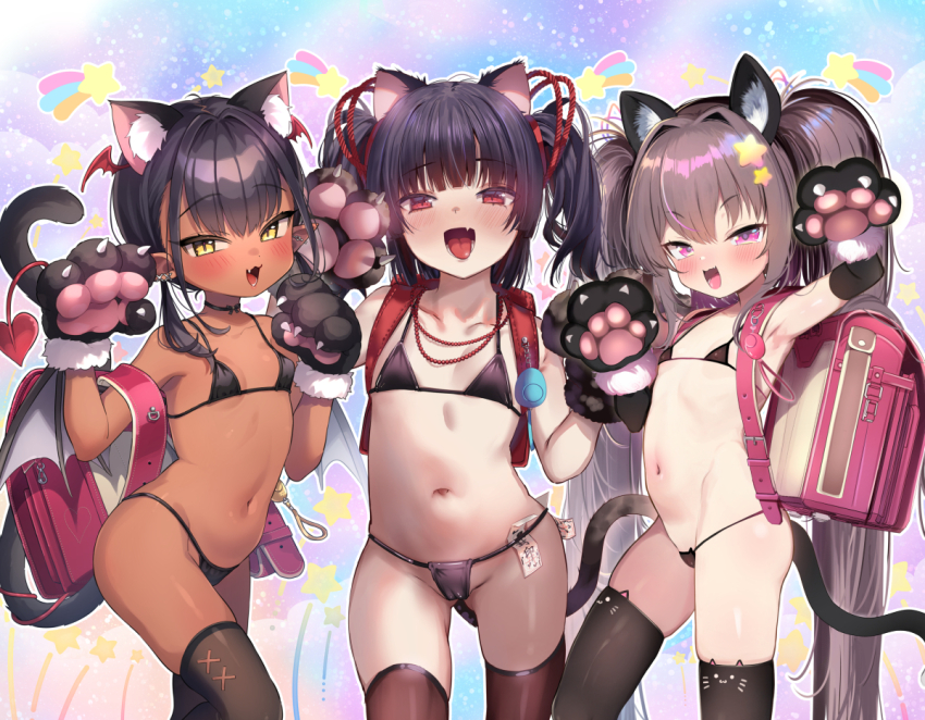 3girls :d animal_ear_fluff animal_ears animal_hands artist_collaboration backpack bag bare_shoulders bikini black_bikini black_gloves black_hair blush breasts cat_ears cat_tail cowboy_shot crime_prevention_buzzer dark-skinned_female dark_skin elbow_gloves fang flat_chest gloves gluteal_fold hair_ribbon lineup loli looking_at_viewer mentei_yakuna mesugaki micro_bikini multiple_girls navel open_mouth original paw_gloves paw_pose pink_eyes randoseru ribbon short_hair shuru_y small_breasts smile solo standing stomach swimsuit tail take_your_pick thighhighs trente two_side_up yellow_eyes