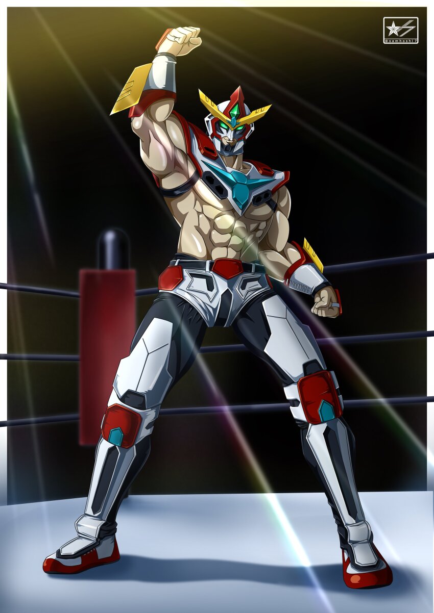 1boy absurdres arms_up bravern highres looking_at_viewer luchador luchador_mask male_focus mask muscular muscular_male samhoshi7 smile v-fin wrestler wrestling wrestling_boots wrestling_mask wrestling_outfit wrestling_ring yuuki_bakuhatsu_bang_bravern