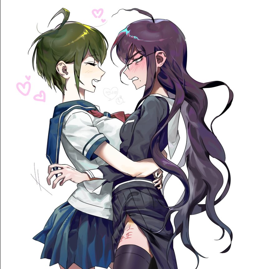 2girls black_hair braid danganronpa_(series) danganronpa_another_episode:_ultra_despair_girls fukawa_toko glasses highres long_hair long_sleeves mole mole_under_mouth multiple_girls naegi_komaru reang_i round_eyewear school_uniform serafuku shirt short_hair skirt smile twin_braids