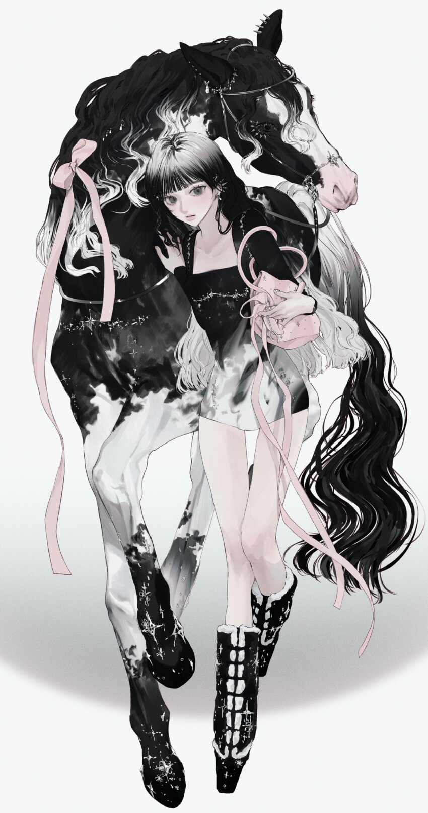 1girl bag black_boots black_hair boots bow dress ear_piercing fur_boots grey_eyes highres holding holding_bag horse kirochy leaning_on_animal long_hair looking_at_viewer multicolored_hair original piercing pink_bag pink_bow roots_(hair) spiked_ear_piercing standing white_hair