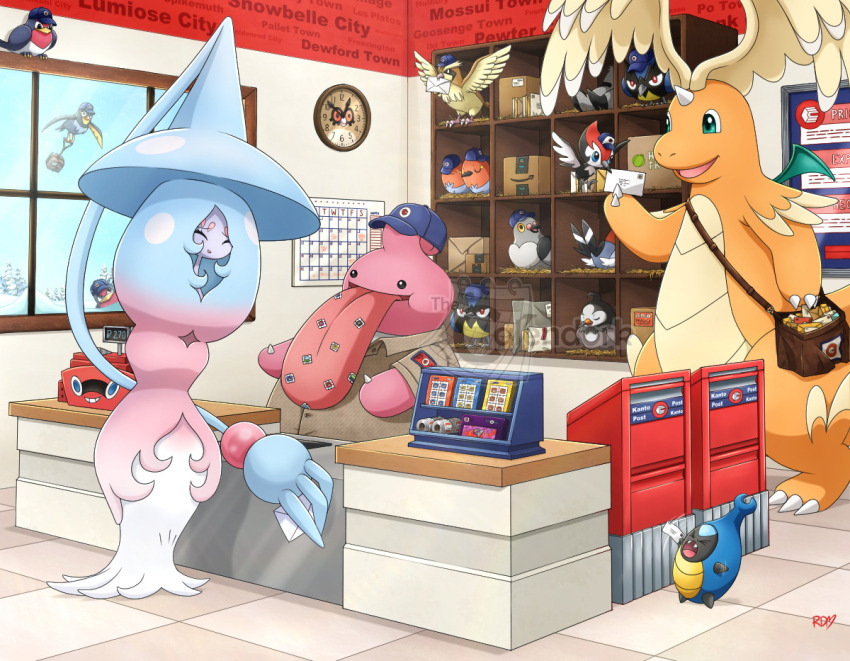 >_< amazon_(company) analog_clock aqua_eyes artist_name berry_(pokemon) bird blue_hat blue_sky box brown_bag brown_shirt calendar_(object) cardboard_box clock closed_eyes closed_mouth collared_shirt commentary counter day dragonite english_commentary envelope eyelashes fangs flailing fletchling flying gen_1_pokemon gen_2_pokemon gen_3_pokemon gen_4_pokemon gen_5_pokemon gen_6_pokemon gen_7_pokemon gen_8_pokemon hat hatterene head_wings holding holding_envelope hoothoot horns indoors karrablast long_tongue looking_inside lum_berry mailbag mega_dragonite mega_pokemon motion_lines nintendo nostrils open_mouth package pidgey pidove pikipek pokemon pokemon_(creature) pokemon_focus post_office postage_stamp postbox_(outgoing_mail) rookidee rotom sbow shirt short_sleeves signature single_horn sky smile standing starly straw_(stalk) taillow thecalendork themed_object tile_floor tiles tongue tongue_out tree very_long_tongue wall_clock watermark wattrel window wings
