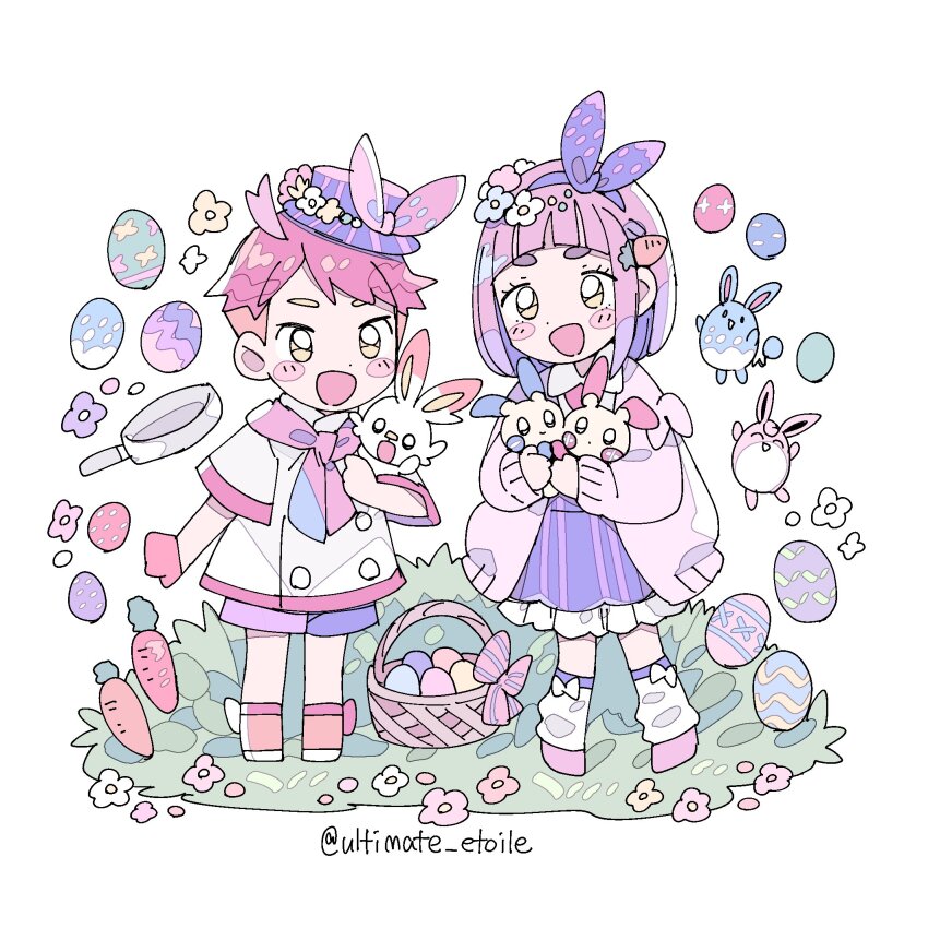 1boy 1girl :d alternate_costume arched_bangs azumarill basket blush_stickers bow cardigan carrot carrot_hair_ornament chibi crispin_(pokemon) dress easter_egg egg food-themed_hair_ornament frying_pan full_body gen_1_pokemon gen_2_pokemon gen_3_pokemon gen_8_pokemon hair_ornament hairband hairclip hat highres holding holding_pokemon jacket lacey_(pokemon) leg_warmers long_sleeves looking_at_viewer minun multicolored_hair nintendo on_grass open_mouth orange_hair orange_shoes pink_bow pink_cardigan pink_hair pink_scarf pink_shoes pink_shorts plusle pokemon pokemon_(creature) pokemon_sv purple_dress purple_hairband purple_hat rabbit red_hair remoooon scarf scorbunny shoes short_hair shorts simple_background smile standing twitter_username two-tone_hair white_background white_bow white_jacket white_leg_warmers wigglytuff yellow_eyes
