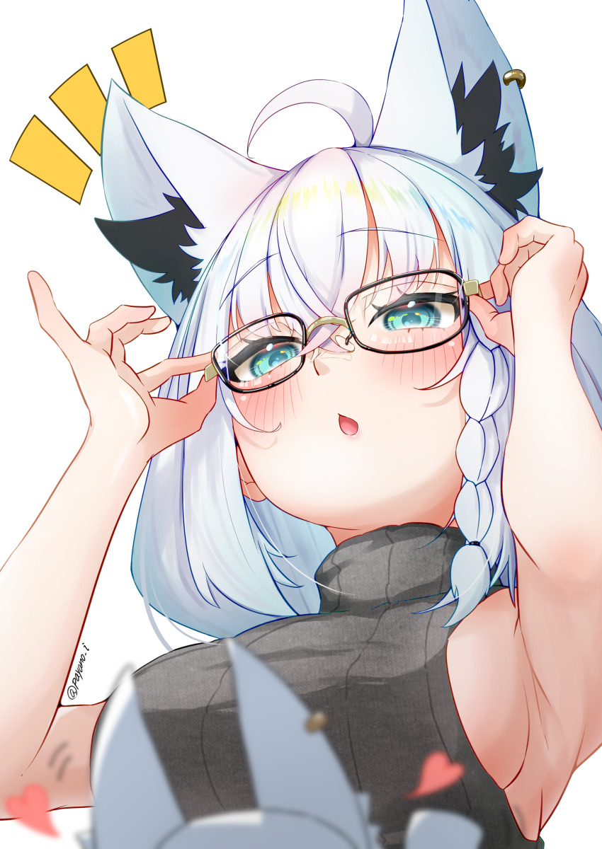 1girl absurdres adjusting_eyewear ahoge animal_ear_fluff animal_ears artist_name bare_arms blurry blurry_foreground blush braid breasts commentary_request earrings extra_ears fox_ears fox_girl glasses green_eyes grey_sweater hair_between_eyes heart highres hololive jewelry long_hair looking_at_viewer medium_breasts notice_lines open_mouth payano_i shirakami_fubuki sideboob sidelocks simple_background single_braid sleeveless sleeveless_sweater sleeveless_turtleneck sukonbu_(shirakami_fubuki) sweater turtleneck turtleneck_sweater virtual_youtuber white_background white_hair