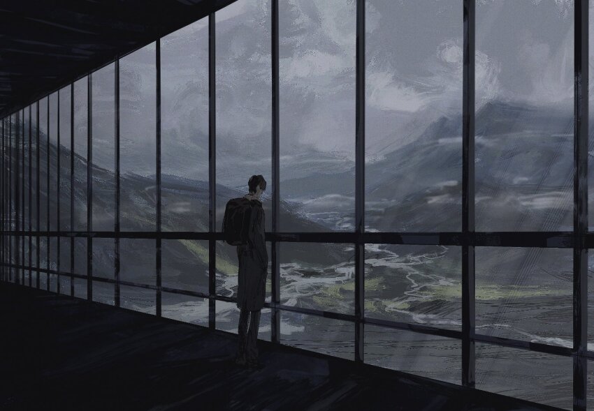 1boy backpack bag baggy_pants black_hair black_shirt cloud cloudy_sky commentary dim_lighting from_behind full_body hands_in_pockets mountainous_horizon muted_color original outdoors pants revol4357 river shirt short_hair sky solo window