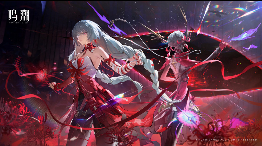 1girl bandage_over_one_eye bandaged_arm bandages bare_shoulders black_pantyhose braid breasts detached_sleeves dress earrings flower grey_eyes grey_hair halter_dress halterneck hecate_(wuthering_waves) highres holding holding_flower jewelry logo long_hair looking_at_viewer low_twin_braids medium_breasts nail_polish official_art pantyhose phrolova_(wuthering_waves) red_dress red_flower red_nails red_petals single_detached_sleeve single_earring spider_lily subtitled tacet_mark_(wuthering_waves) twin_braids wuthering_waves