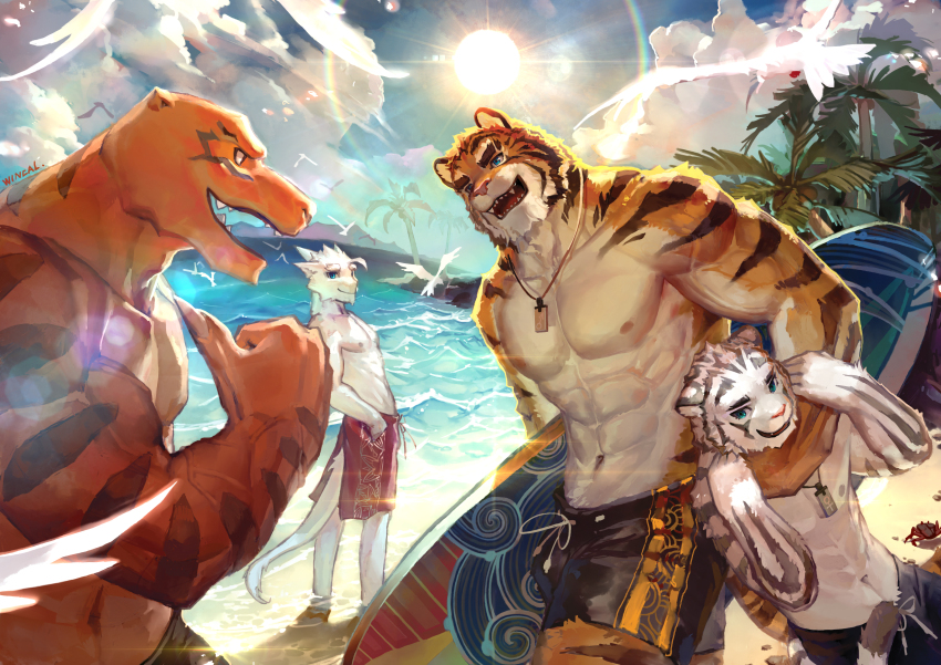 4boys abs absurdres animal_ears artist_name bara beach bird black_male_swimwear blue_eyes blue_sky carrying_over_shoulder cloud cloudy_sky commentary day english_commentary furry furry_male highres holding holding_surfboard jewelry large_pectorals lizard_tail looking_at_another looking_at_viewer male_focus male_swimwear mature_male multiple_boys muscular muscular_male navel necklace nipples ocean one_eye_closed open_mouth orange_fur original outdoors palm_tree pectorals pointing pointing_at_self reptile_boy sand scar seagull short_hair sky smile sun sunglasses sunlight surfboard swim_trunks tail thick_eyebrows thumbs_up tiger_boy tiger_ears tiger_stripes tiger_tail topless_male tree water whistle whistle_around_neck white_fur wincalblanke