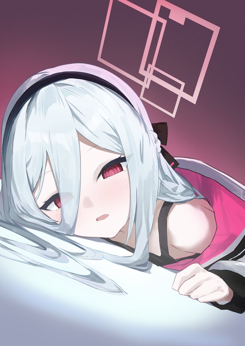 1girl absurdres black_bow black_hairband black_tank_top blue_archive bow commentary dot_nose evening_rabbit hair_between_eyes hair_bow hairband half_updo halo highres jacket kei_(blue_archive) kei_(new_body)_(blue_archive) long_hair long_hair_between_eyes looking_at_viewer lying on_stomach open_mouth pink_eyes pink_halo rectangular_halo ringed_eyes solo tank_top white_hair white_jacket